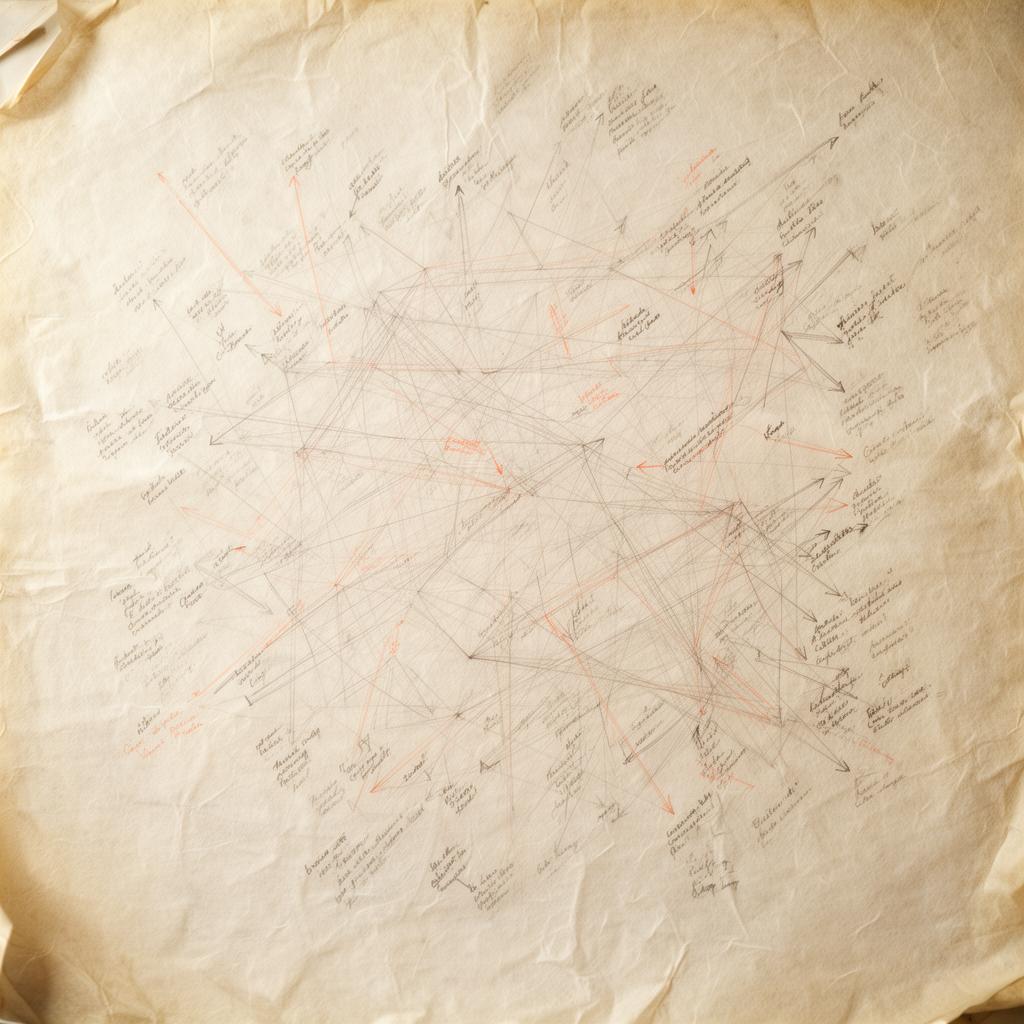 A vellum sheet of pencilled cross-references and connecting lines