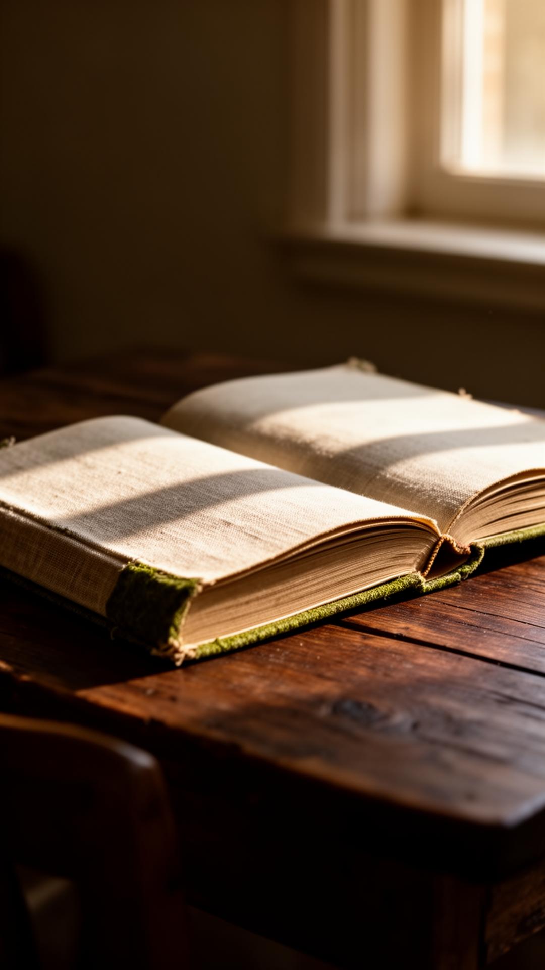 An open linen-bound book on an oak table in afternoon light